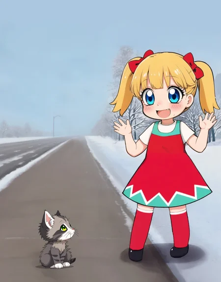 (controlnet): The scene is an anime screencap, it is outdoors, a sidewalk along the left edge of the image, a snowy landscape in winter.

(1992880176): the image is an anime screencap of a whimsically decorated Cartoonish gingerbread car pulled on the shoulder to the side of the highway, it looks like a broken down Fiat 126 with flat tire, with colorful candy and frosting accents. prominently featured close in a three-quarters shot in the foreground of the image on the right side is a chibi tsundere girl with big blue eyes and blonde twintails wearing a santa dress with a teal triangle geometric border, red zettai ryouki thighhigh socks, standing in front of the candy car on the side of the highway in winter, she is holding sign that says "PLZ Give buzz to fix car"
