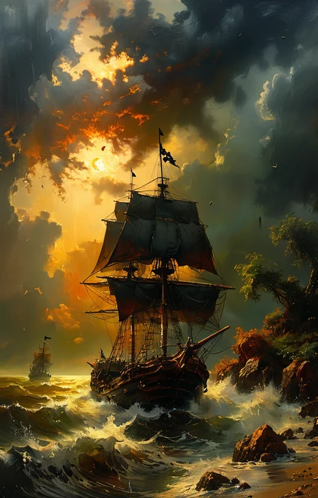 masterpiece,best quality,<lora:tbh102-sdxl:0.6>,Pirate ship in middle of bad weather , detailed oil painting, unreal 5 render, rhads, sargent and leyendecker, savrasov levitan polenov, bruce pennington, studio ghibli, tim hildebrandt, digital art, landscape painting, octane render, beautiful composition, trending on artstation, award winning photograph, masterpiece, seekart style,style of Andreas Achenbach,