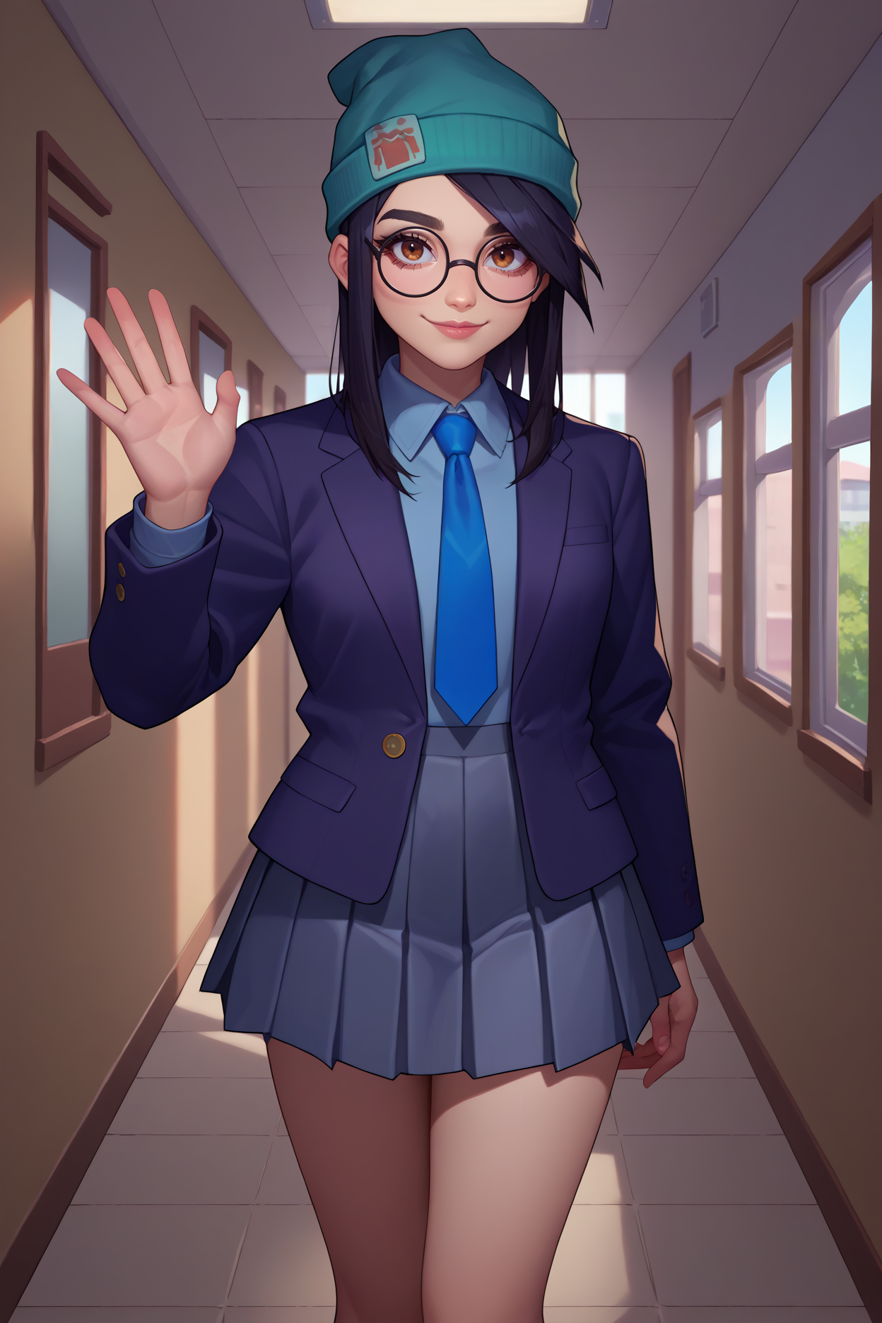 score_9, score_8_up, score_7_up, score_6_up, source_anime, 1girl, solo, <lora:valorantkilljoy-pdxl-nvwls-v1-000005:1> valoKJ, black hair, brown eyes, green beanie, round glasses, grey blazer, blue necktie, collared shirt, grey skirt, pleated skirt, indoors, hallway, looking at you, smile, waving