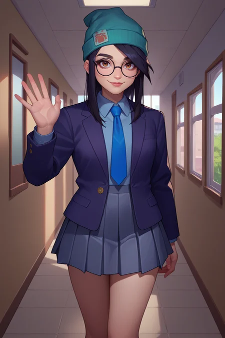 score_9, score_8_up, score_7_up, score_6_up, source_anime, 1girl, solo, <lora:valorantkilljoy-pdxl-nvwls-v1-000005:1> valoKJ, black hair, brown eyes, green beanie, round glasses, grey blazer, blue necktie, collared shirt, grey skirt, pleated skirt, indoors, hallway, looking at you, smile, waving