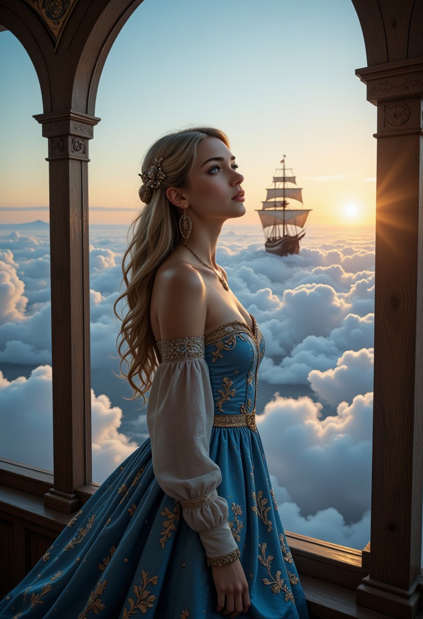 score_9, score_8_up, score_7_up, realistic, petite, (big beautiful eyes:1.2), gorgeous girl, slim body, small perky breast, 8K, Masterpiece, best quality, 1 girl, 25 years, solo, blue eyes, fantasy, a beautiful woman stands in front of a huge panoramic window. She wears a floor-length elf-like dress. blue with filigree golden patterns. off the shoulder. Hair clip. Earrings. Jewels. Necklace. She looks out the window and looks at the view with fascination. astonished facial expression. Gigantic clouds can be seen outside the window. A huge wooden ship can be seen in the clouds. It looks as if the ship is gliding through the clouds. high resolution, Dutch angle, dark theme, Midjourney style, Anke, focus on the ship. sun in background.