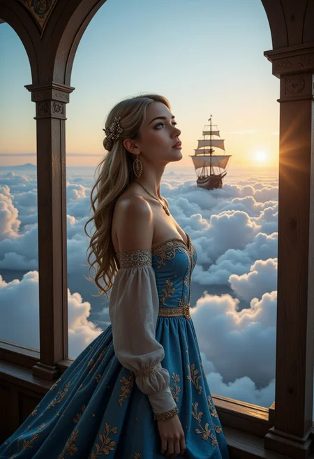 score_9, score_8_up, score_7_up, realistic, petite, (big beautiful eyes:1.2), gorgeous girl, slim body, small perky breast, 8K, Masterpiece, best quality, 1 girl, 25 years, solo, blue eyes, fantasy, a beautiful woman stands in front of a huge panoramic window. She wears a floor-length elf-like dress. blue with filigree golden patterns. off the shoulder. Hair clip. Earrings. Jewels. Necklace. She looks out the window and looks at the view with fascination. astonished facial expression. Gigantic clouds can be seen outside the window. A huge wooden ship can be seen in the clouds. It looks as if the ship is gliding through the clouds. high resolution, Dutch angle, dark theme, Midjourney style, Anke, focus on the ship. sun in background.