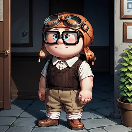 score_9, score_8_up, score_7_up, score_6_up, score_5_up, score_4_up, <lora:df-000008:0.9> ucarlminor, 1boy, solo, chubby, glasses, goggles on headwear, white shirt, sweater vest, pants rolled up, white socks, brown shoes, male focus, indoors, standing, light smile,