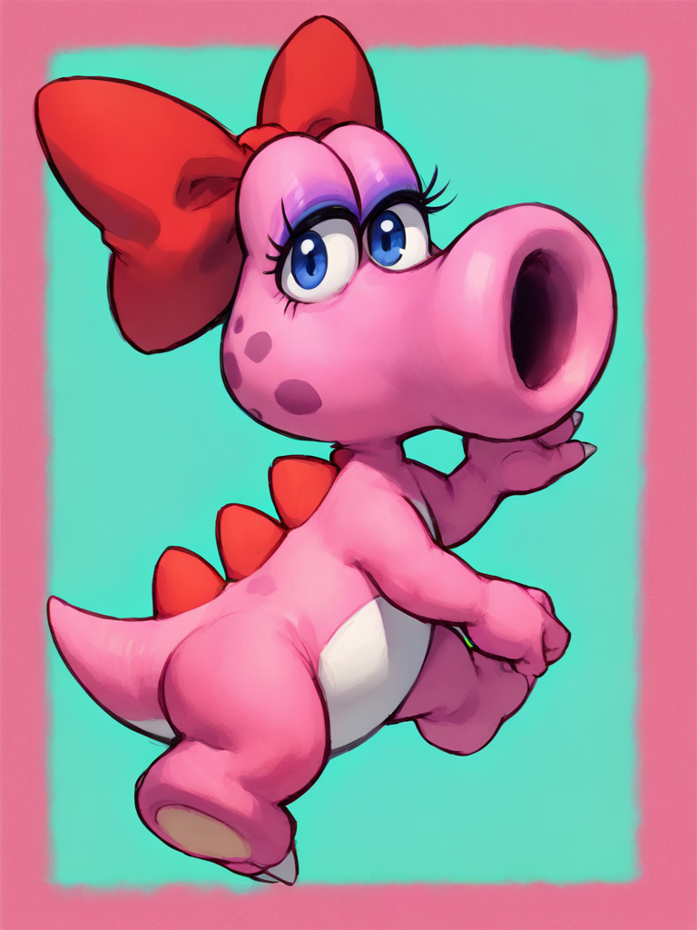 <lora:BirdoPony1.0:1> eyelashes, red bow, pink skin, dinosaur, open mouth, solo, no humans, full body, hair bow, blue eyes, makeup, looking at viewer, score_9, score_8_up, score_7_up, score_6_up