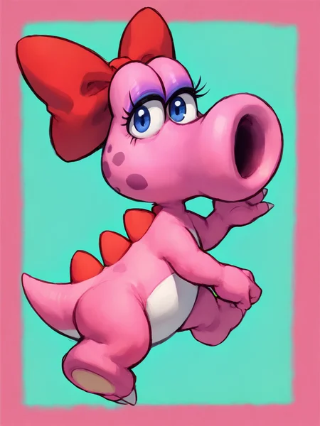 <lora:BirdoPony1.0:1> eyelashes, red bow, pink skin, dinosaur, open mouth, solo, no humans, full body, hair bow, blue eyes, makeup, looking at viewer, score_9, score_8_up, score_7_up, score_6_up