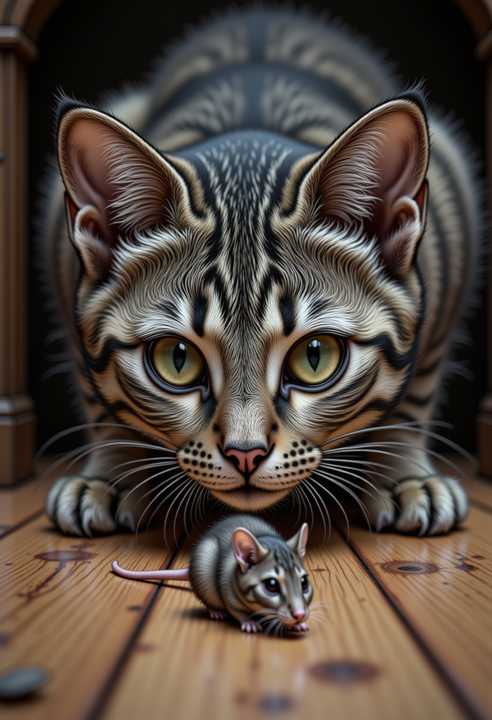 hyp3rd3tail style,  a cat sneaking up on a mouse, wooden floor