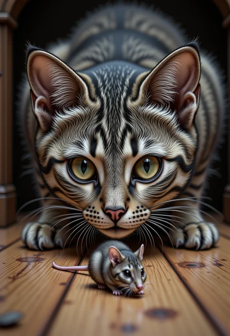 hyp3rd3tail style, a cat sneaking up on a mouse, wooden floor