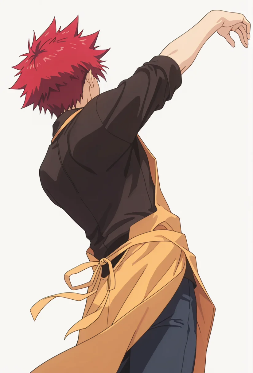 Smooth Quality,masterpiece,very intricate, high quality details, ultra realistic, high detailed skin,detailed enviorement,absurdres,
simple background, white background,solo,dancing, wind,
from below,0w0,
<lora:FoodWCNN:0.8> foodwarstylecnn,
somacnn, 1boy, red hair, spiked hair, black shirt, apron