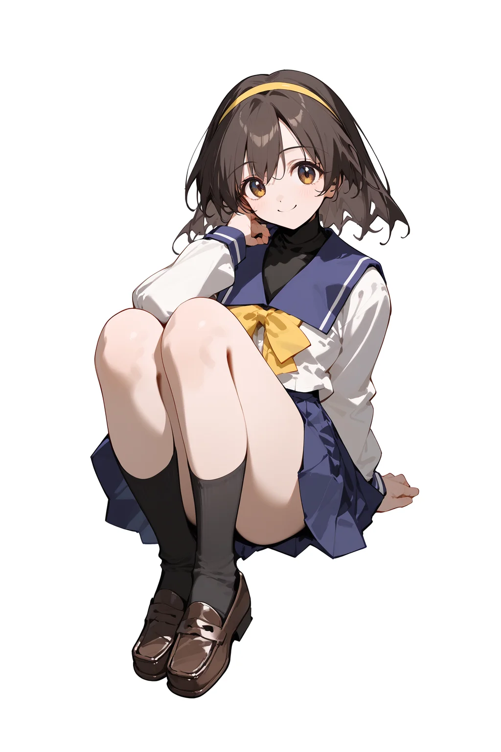 score_9,score_8_up,score_7_up,score_6_up,score_5_up,score_4_up,score_9,
imasaka yue \(memories off\),sumisora uniform,yellow hairband,black bodysuit,blue pleated skirt,yellow bow,black socks,loafers,
1girl,solo,white background,full body,looking at viewer,smile,looking at viewer,
<lora:ImasakaYuePony:1>,