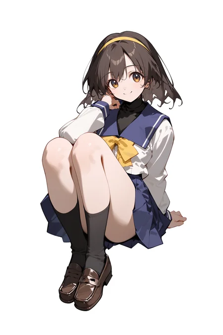 score_9,score_8_up,score_7_up,score_6_up,score_5_up,score_4_up,score_9,
imasaka yue \(memories off\),sumisora uniform,yellow hairband,black bodysuit,blue pleated skirt,yellow bow,black socks,loafers,
1girl,solo,white background,full body,looking at viewer,smile,looking at viewer,
<lora:ImasakaYuePony:1>,