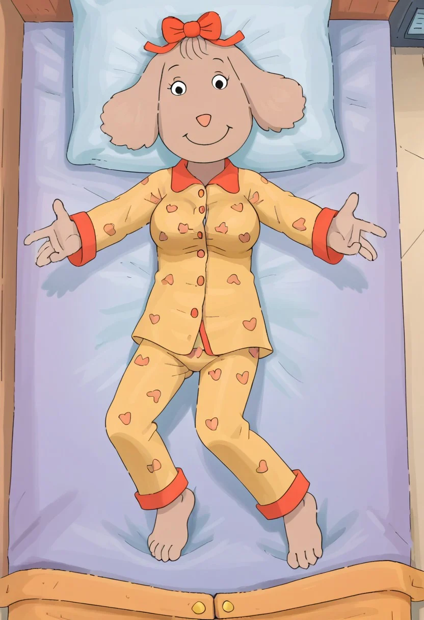 source_cartoon, Fern Walters, solo, 1girl, anthropomorphic dog, animal ears, tannish grey fur. red bow on her head,
Pajamas, lying  on back, lying on bed, overhead view, reaching arms to viewer, pov hug, smile, full body, aged up breasts, barefoot, feet,