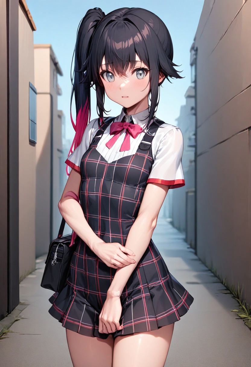 1girl,solo,looking at viewer, plaid dress, shiki_dwno, black hair, multicolored hair, side ponytail, gray eyes