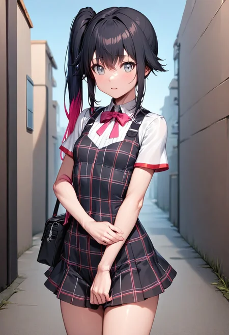 1girl,solo,looking at viewer, plaid dress, shiki_dwno, black hair, multicolored hair, side ponytail, gray eyes