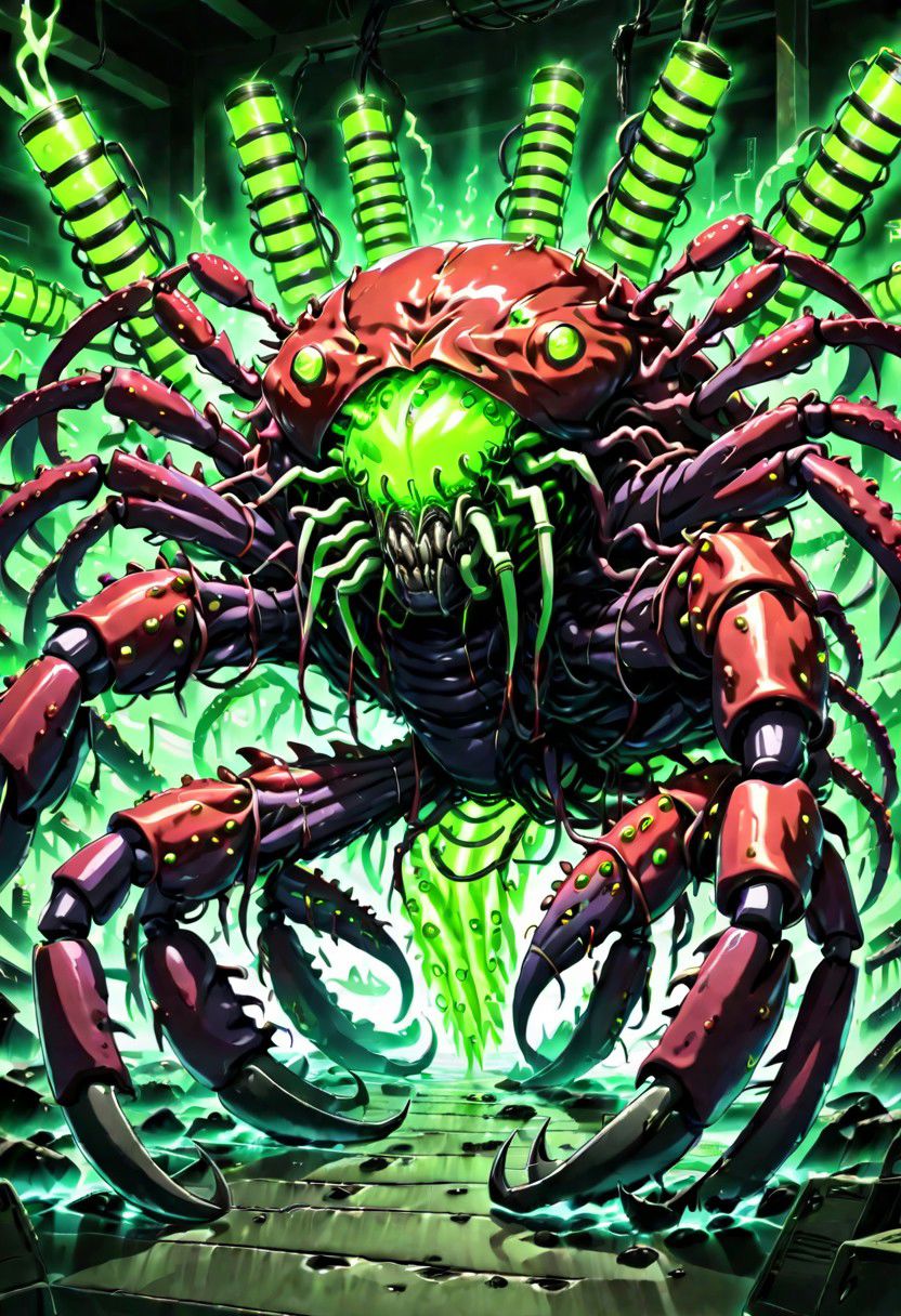 masterpiece,best quality,anime screencap,scene from hellsing, a cybermutant crab covered in glowing green tubes