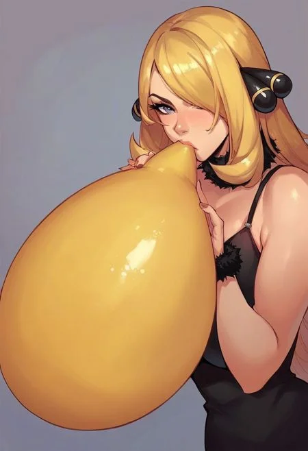 score_9, score_8_up, score_7_up, score_6_up, score_5_up, score_4_up, source_anime 1girl, solo, cynthia (pokemon), blowing yellow balloon, b2p, looking at viewer, closed mouth, confident