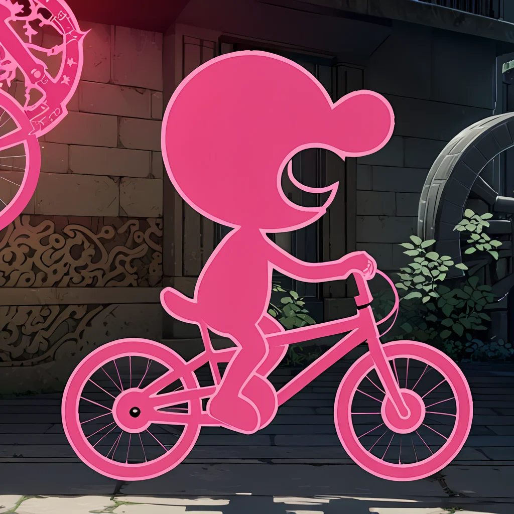 mrgameandwatch, pink silhouette, red outline, riding bike, <lora:MrGameAndWatch-000020:0.9> , (anime, masterpiece, intricate:1.3), (best quality, hires textures, high detail:1.2), (4k),(incredibly detailed:1.4),UHD, 8K, ultra detailed