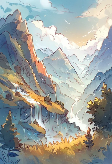 score_9, score_8_up, score_7_up, rating_safe, ncpy43 style, beautiful landscape with a waterfall and mountains, after the rain, double rainbow, dawn