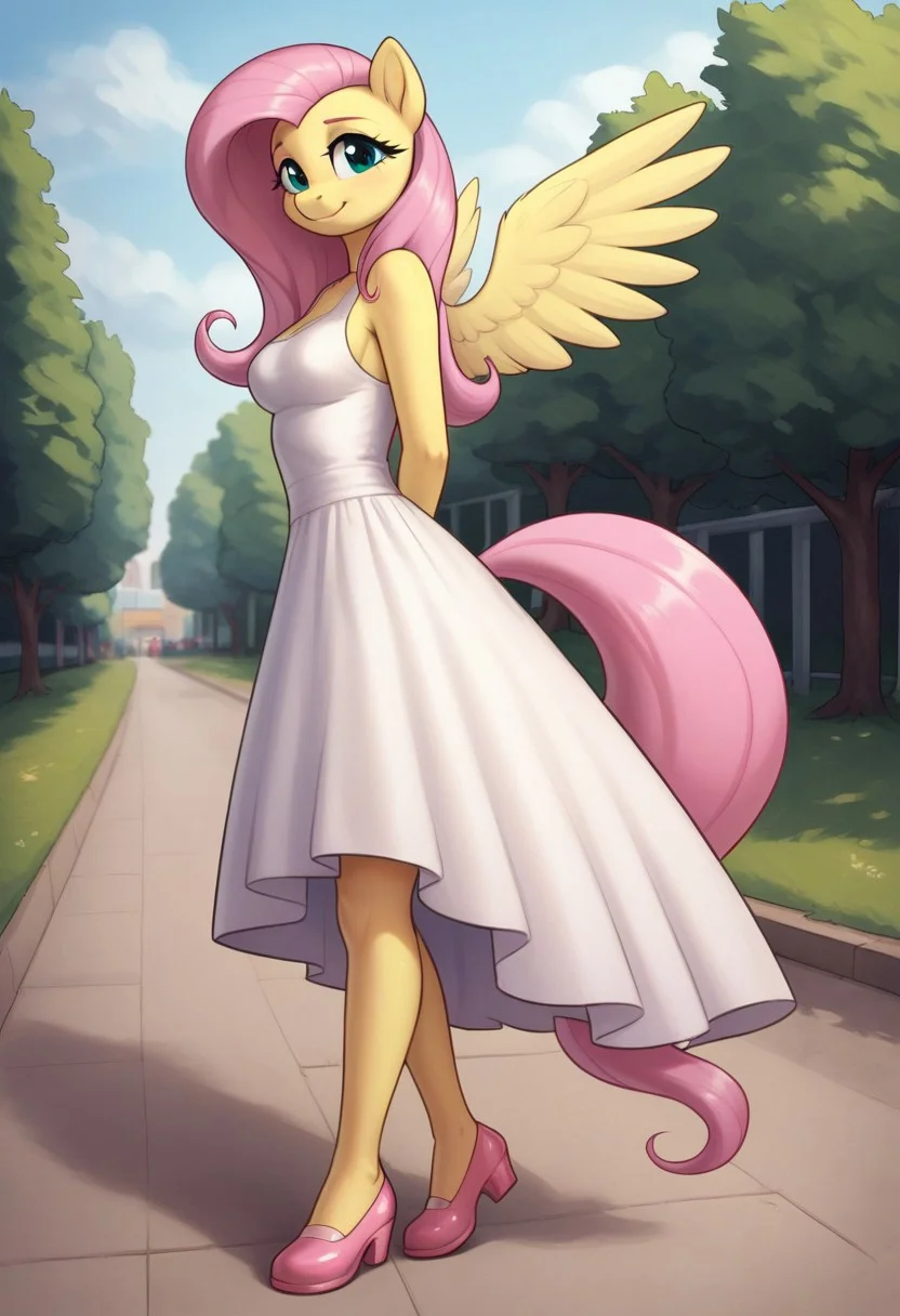 score_9, score_8_up, score_7_up, score_6_up, realistic illustration, dramatic angle, public park, indoors, close view, 1girl, solo, fluttershy, (anthro pony), 18 yo, tail, wings, petite body, shiny skin, medium breasts, white dress, knee length dress, seduce, seducing, inviting look, dynamic pose, dramatic angle, standing, looking at you, full body, hands behind back, pink shoes,
