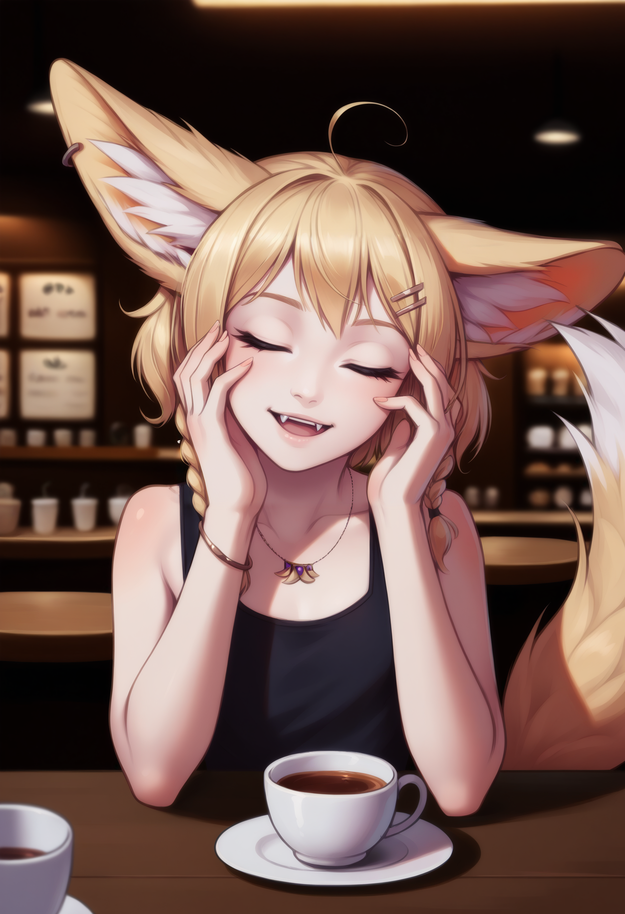 score_9, uncensored, source_anime
BREAK
khiara \(personal ami\), 1girl, ahoge, animal ear piercing, animal ears, black tank top, blonde hair, bracelet, braid, cafe, closed eyes, cup, fangs, flat chest, fox ears, fox girl, fox tail, hair ornament, hairclip, hands on own cheeks, hands on own face, indoors, jewelry, large ears, medium hair, necklace, open mouth, solo, tail, tank top, upper body
<lora:p_ami_v10_adafactor-000017:unet=1:te=1>