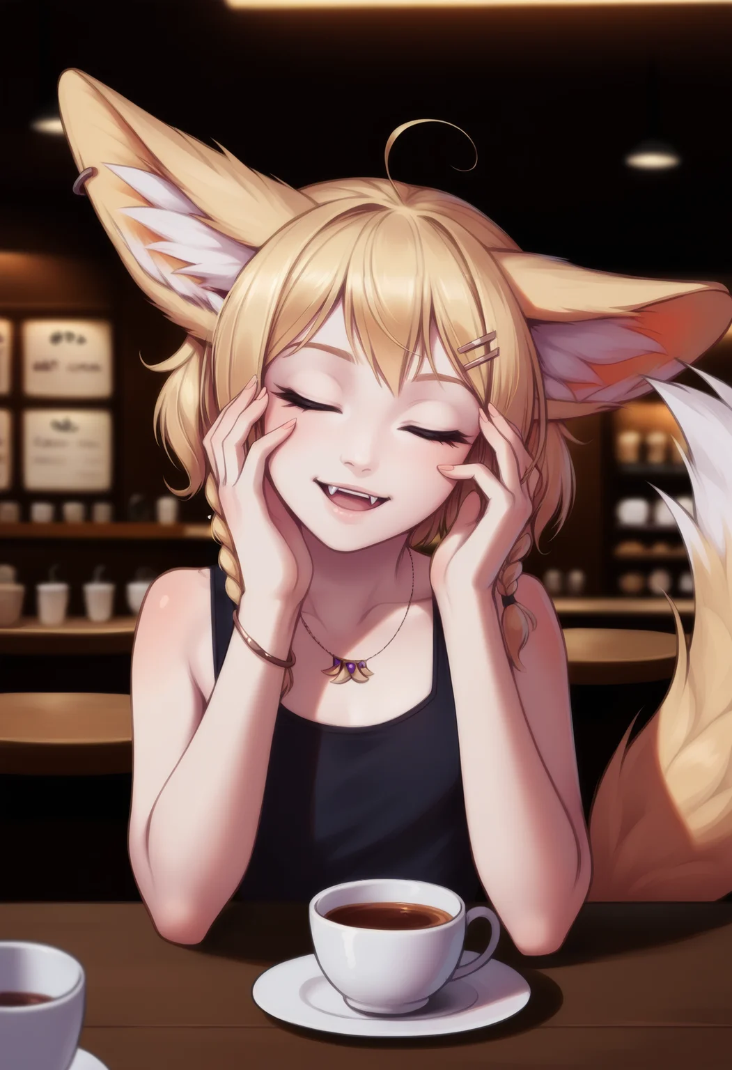 score_9, uncensored, source_anime
BREAK
khiara \(personal ami\), 1girl, ahoge, animal ear piercing, animal ears, black tank top, blonde hair, bracelet, braid, cafe, closed eyes, cup, fangs, flat chest, fox ears, fox girl, fox tail, hair ornament, hairclip, hands on own cheeks, hands on own face, indoors, jewelry, large ears, medium hair, necklace, open mouth, solo, tail, tank top, upper body
<lora:p_ami_v10_adafactor-000017:unet=1:te=1>