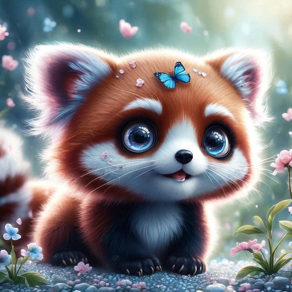 A hyper-realistic close up Portrait,
digital artwork of an adorable cute wacky baby red panda while looking curiously to a blue butterfly,
with blue,
expressive eyes. The fur of the red panda is dense and textured,
with each hair finely detailed and shimmering with tiny sparks under a dimly lit sunny day. Sakura petals fall around it,
adding to the magical,
serene atmosphere. The scene is set on a surface that resembles a garden full of colorful flowers. Cinematic film still,
shot on v-raptor XL,
film grain,
vignette,
color graded,
post-processed,
cinematic lighting,
35mm film,
live-action,
best quality,
atmospheric,
a masterpiece,
epic,
stunning,
dramatic
