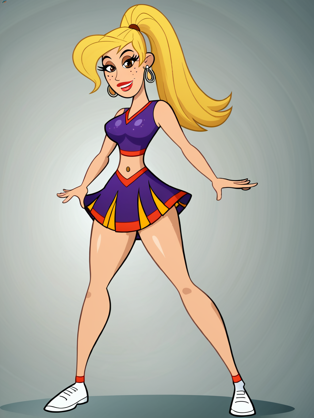 score_9, score_8_up, score_7_up, (toon \(style\):1),(flat colors:1),facing viewer,ultra high quality,ultra high resolution,ultra , seductive,(extremely detailed), detailed background,,(masterpiece, best quality, high quality, highres, ultra-detailed),full body,inside, bedroom in background, spotlight effects.,close up, cowboy shot,   dutch angle ,perfect eyes,perfect face,,narrow waist,perfect breasts,perfect eyes,perfect face,eager expression,earrings,facing viewer, 
<lora:Veronica_Stoppable:0.9> veronica stoppable, toon (style), flat color, freckles, narrow waist,  brown eyes, long hair,  long eyelashes,  long hair, brown eyes, seductive smile, long eyelashes, medium breasts, wide hips, long legs, red lips, looking at viewer,blonde hair, Cheerleader outfit, purple and orange, sleeveless crop top, matching pleated mini skirt, middleton_cheerleader_uniform, <lora:Super_highhigh_ponytail_hair_Pony:0.5> long hair, shiny hair, blonde hair, superp0nytail, straight hair, super high ponytail, swishing ponytail