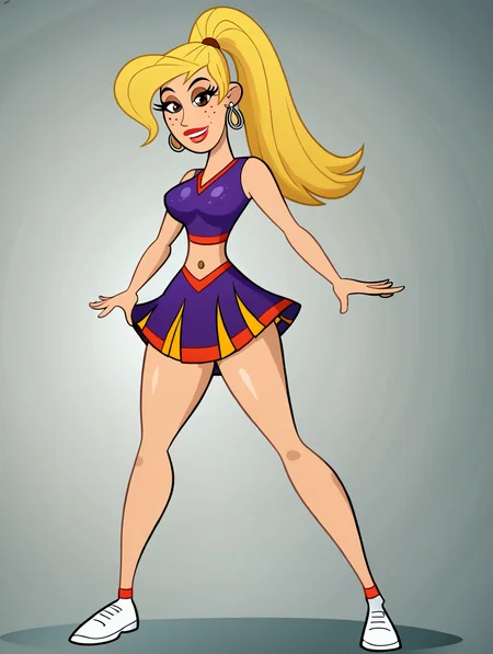 score_9, score_8_up, score_7_up, (toon \(style\):1),(flat colors:1),facing viewer,ultra high quality,ultra high resolution,ultra , seductive,(extremely detailed), detailed background,,(masterpiece, best quality, high quality, highres, ultra-detailed),full body,inside, bedroom in background, spotlight effects.,close up, cowboy shot,   dutch angle ,perfect eyes,perfect face,,narrow waist,perfect breasts,perfect eyes,perfect face,eager expression,earrings,facing viewer, 
<lora:Veronica_Stoppable:0.9> veronica stoppable, toon (style), flat color, freckles, narrow waist,  brown eyes, long hair,  long eyelashes,  long hair, brown eyes, seductive smile, long eyelashes, medium breasts, wide hips, long legs, red lips, looking at viewer,blonde hair, Cheerleader outfit, purple and orange, sleeveless crop top, matching pleated mini skirt, middleton_cheerleader_uniform, <lora:Super_highhigh_ponytail_hair_Pony:0.5> long hair, shiny hair, blonde hair, superp0nytail, straight hair, super high ponytail, swishing ponytail