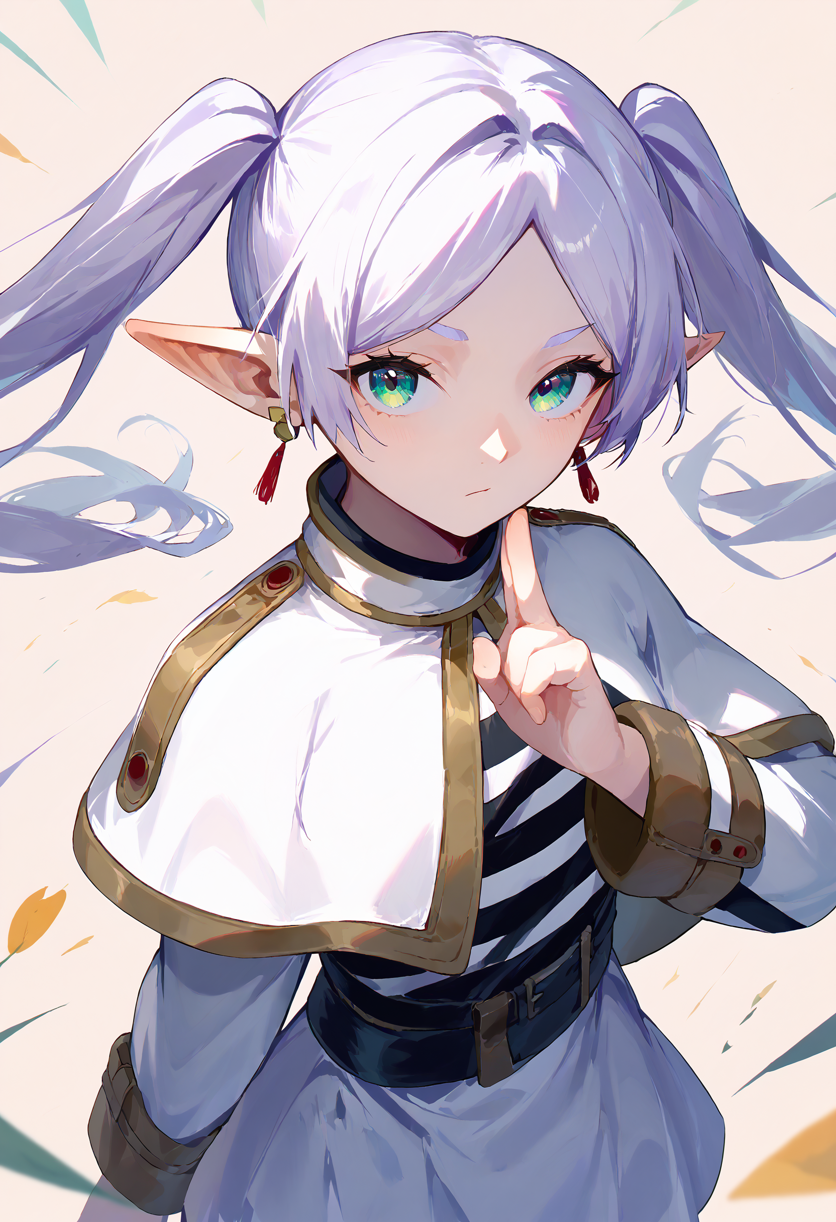 score_9, score_8_up, score_7_up, 1girl, kuji-in, (serious:0.6), looking at viewer, looking up, from above, upper body
<lora:kuji-in_1_pony_d32:1.2>
BREAK
nereirfpnxl, frieren, pointy ears, twintails, earrings, elf, parted bangs, white hair, white capelet, capelet, long sleeves, white skirt, belt, striped shirt, white shirt
<lora:others_frieren_nereirfpnxl_pony_v2:0.8>