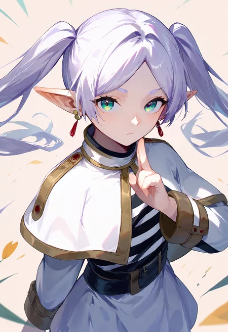 score_9, score_8_up, score_7_up, 1girl, kuji-in, (serious:0.6), looking at viewer, looking up, from above, upper body
<lora:kuji-in_1_pony_d32:1.2>
BREAK
nereirfpnxl, frieren, pointy ears, twintails, earrings, elf, parted bangs, white hair, white capelet, capelet, long sleeves, white skirt, belt, striped shirt, white shirt
<lora:others_frieren_nereirfpnxl_pony_v2:0.8>