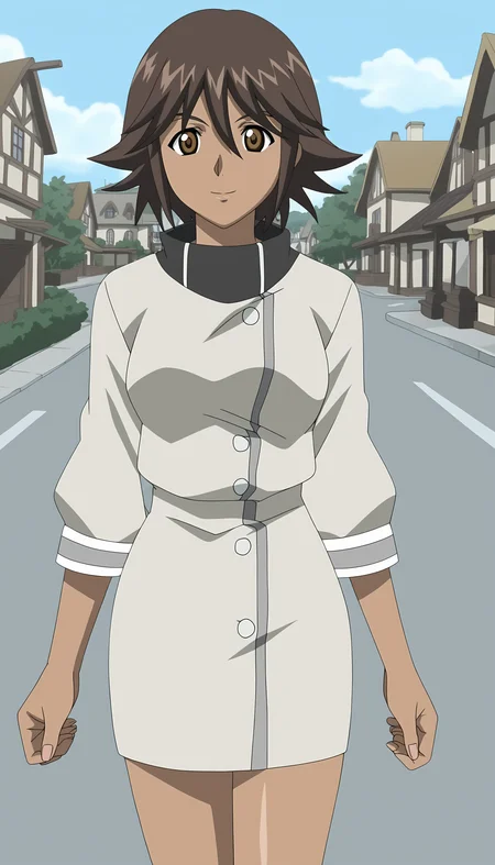 score_9, source_anime BREAK, oldest, anime screencap, outdoors, town, day, <lora:CelicaYayoi(Pony)-6:1>CelicaYayoi, 1girl, solo, short hair, brown hair, buttons, white buttons, dress, multicolored dress, turtleneck dress, (sleeves_past_elbows), dark skin, dark-skinned female, looking at viewer, pencil skirt,