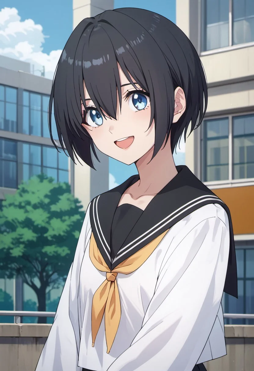 score_9, score_8_up, score_7_up, source_anime, nonoa, short hair, blue eyes, black hair, 1girl, solo, school uniform, smile, serafuku, open mouth, hair between eyes, sleeves past wrists, sailor collar, building, long sleeves, black sailor collar