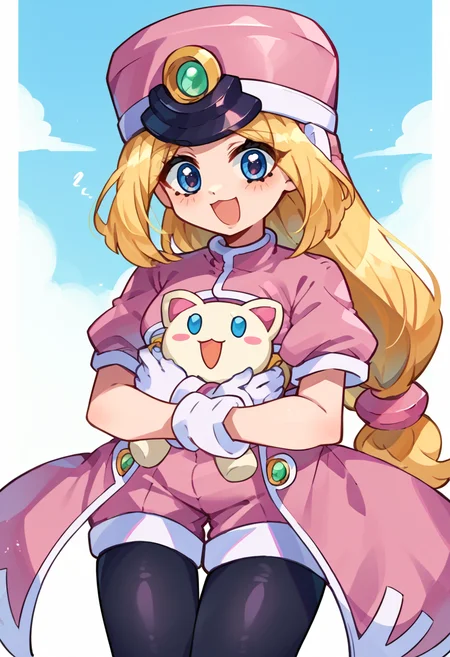 solo, score_9, score_7_up, source_anime, BREAK holding stuffed animal, stuffed cat, <lora:PraireZX:1> prairiezx, blue eyes, long hair, blonde hair, low-tied long hair, android, medium breasts, hat, gloves, shako cap, white gloves, pink headwear, bodysuit, coat, black pantyhose, shorts, <lora:Momoiiroo_Art_Style_PonyXL:1> momoiiroo,
