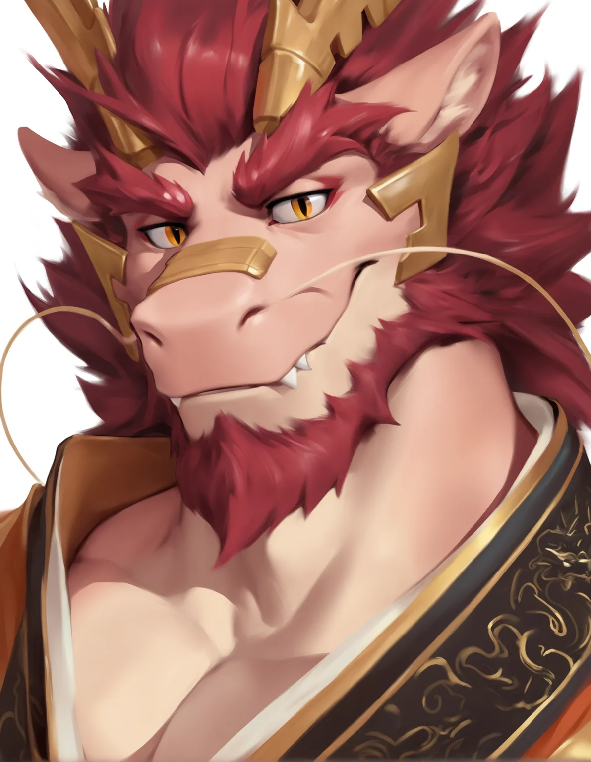chunie, tarjumdad, eastern dragon, furred dragon, anthro, solo, mature male, emperor attire, looking at viewer, white background, simple background,
<lora:Tarjumdad_1.3:0.6>