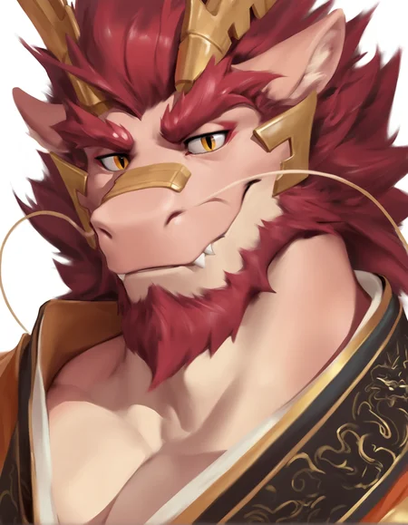 chunie, tarjumdad, eastern dragon, furred dragon, anthro, solo, mature male, emperor attire, looking at viewer, white background, simple background,
<lora:Tarjumdad_1.3:0.6>