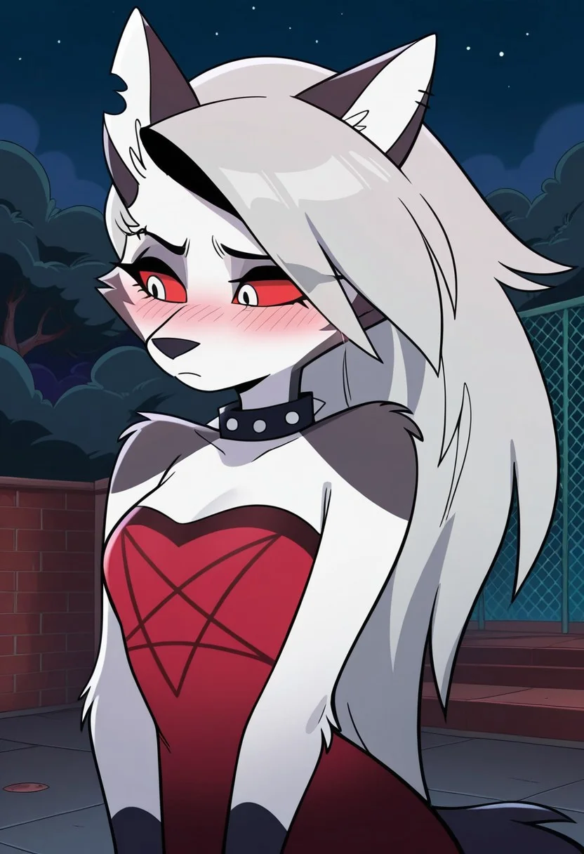 AMAZING QUALITY, MASTERPIECE, 1GIRL, SOLO, LOONA, FURRY, GREY HAIR, SILVER EYES, RED SCLERA, SHY, BLUSH, PENTAGRAM DRESS, SPIKED COLLAR, PIERCED EYEBROW, CLUB, NIGHT