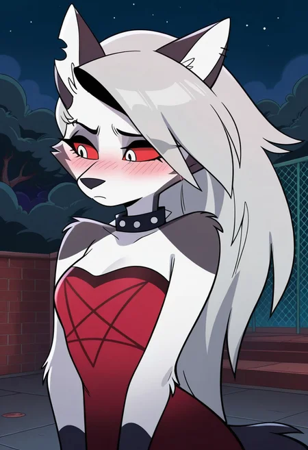 AMAZING QUALITY, MASTERPIECE, 1GIRL, SOLO, LOONA, FURRY, GREY HAIR, SILVER EYES, RED SCLERA, SHY, BLUSH, PENTAGRAM DRESS, SPIKED COLLAR, PIERCED EYEBROW, CLUB, NIGHT