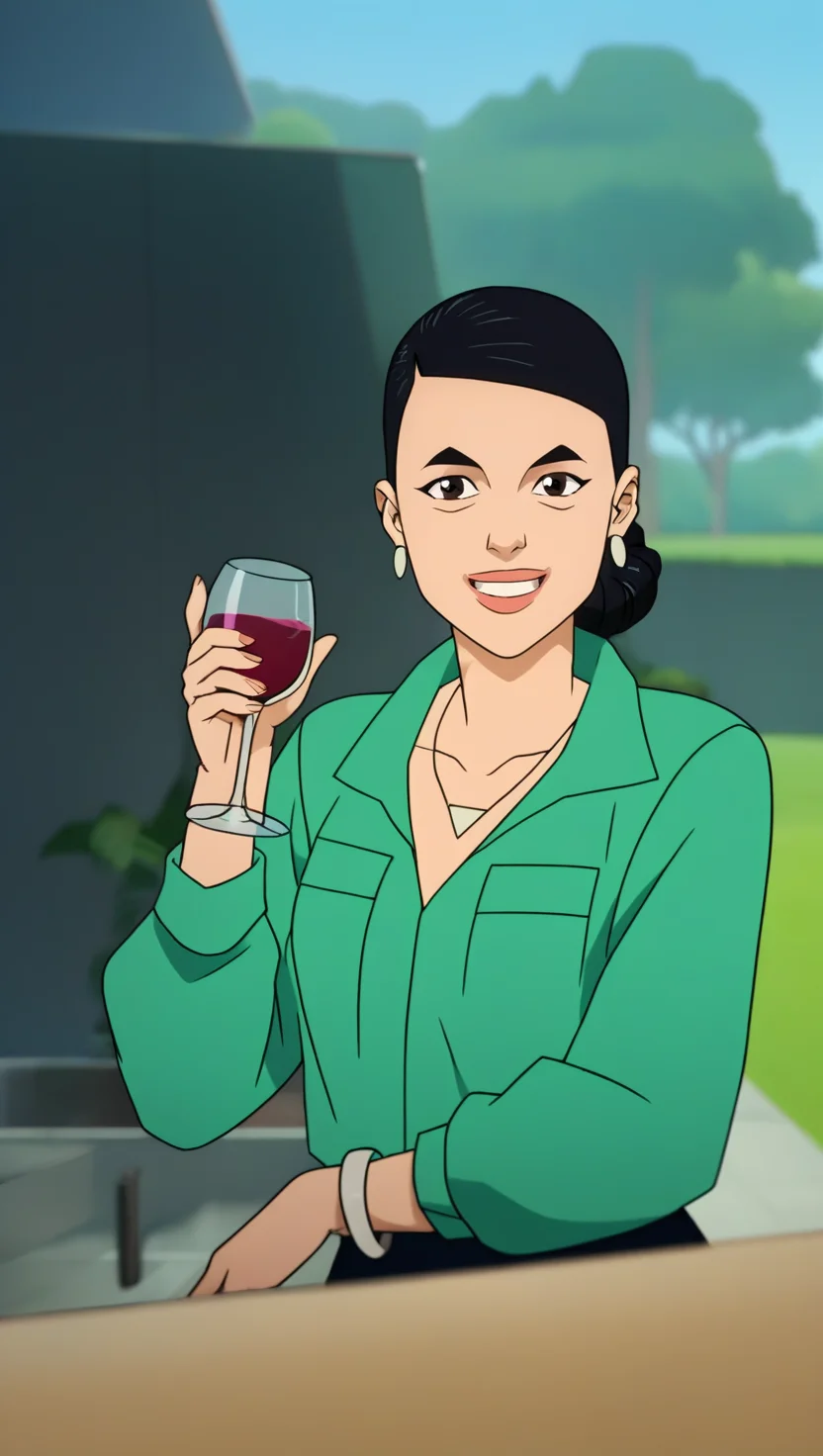 score_9_up, score_8_up, score_7_up, score_6_up, score_5_up, score_4_up, show accurate style, source_cartoon, flat colors, debbie, 1girl, solo, black hair, hair bun, black eyes, green shirt, bracelet, earrings, necklace,portrait, looking at viewer, ,AddXL,Perfect Hands, depth of field, outdoors exterior, cute smile, happy eyes, dynamic angle, holding wine glass , looking at viewer,