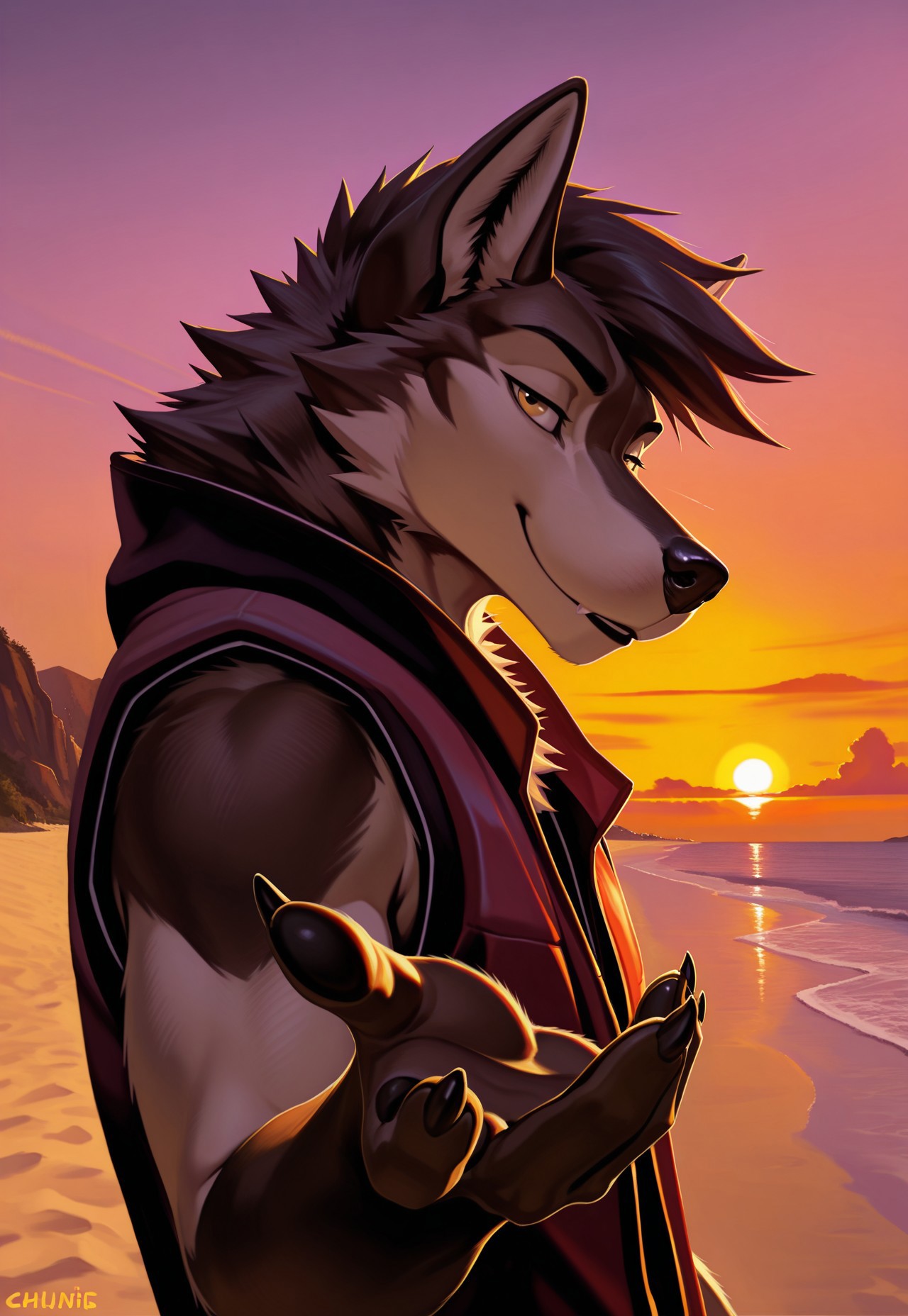 furry, solo,werewolf, wolf , 
, close up, reaching, reaching hand, upper body, sunset, (nice hands, claws), (sleeveless jacket), 5fingers, (inviting), looking at viewer, close up, beach, side view, 



, chun13, masterpiece,best quality,amazing quality,