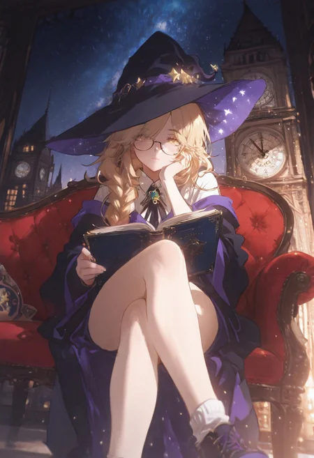 1girl, France braid, long hair, swept bang, blonde hair, freckle, glasses, Wizard, witch hat, holding book, head rest, crossed legs, sitting on sofa, roof, huge clock tower, night, stars, looking at viewer, BREAK konya karasue, ma1ma1helmes_b_illu,sketch, r17329_illu,
BREAK styling pose, fashion pose, sexy posing, dynamic angle, bloom, soft lighting, 
BREAK perfect details, masterpiece, best quality, ultra-detailed, best illustration, high resolution, extremely detailed CG, unity 8k wallpaper, textile shading, super detailed skin, perfect anatomy, detailed, cinematic lighting, dynamic lighting, light particles, beautiful detailed eyes, absurdres, very aesthetic, detailed background, depth of field