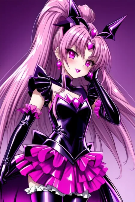 evil corrupted young princess wearing dark pastel (ruffled:1) (gleaming latex:1) EvlSM DarkPrecure Bad_End_Precure gown with (long latex cape:1) and latex elbow bridal gauntlets, (Perfect Face:1), soft lighting, glossy red lips, ruffles,