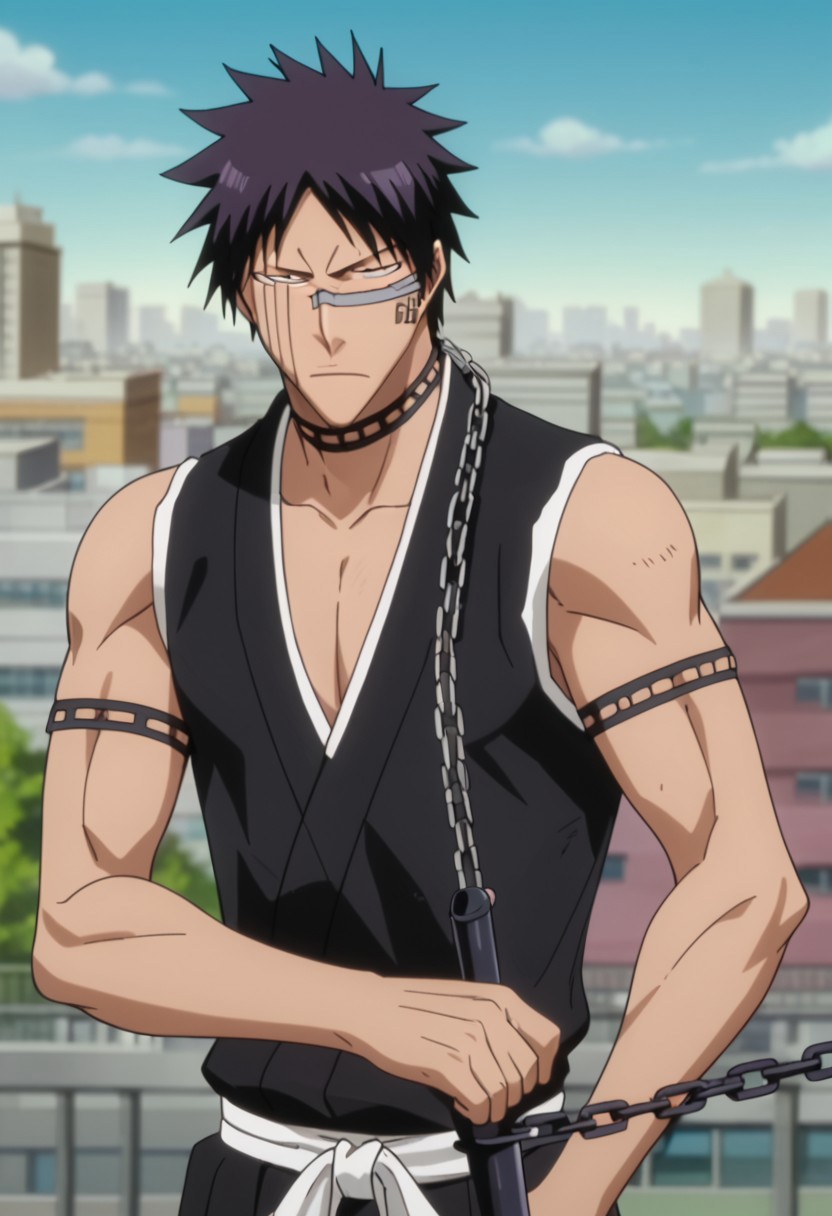 score_9, score_8_up, rating_nsfw, ultra hd, absurdres, best quality, ultra quality, masterpiece, masculine, solo, 1boy, male focus, best anatomy, best eyes, detailed eyes, best hands, hand with five fingers, mature male, anime screencap,
HisagiShuhei69, 1boy, upper body, black sleeveless Kimono, holding chain weapon, city in background