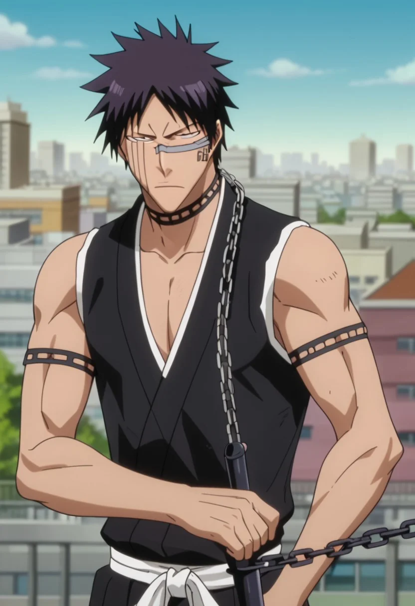 score_9, score_8_up, rating_nsfw, ultra hd, absurdres, best quality, ultra quality, masterpiece, masculine, solo, 1boy, male focus, best anatomy, best eyes, detailed eyes, best hands, hand with five fingers, mature male, anime screencap,
HisagiShuhei69, 1boy, upper body, black sleeveless Kimono, holding chain weapon, city in background