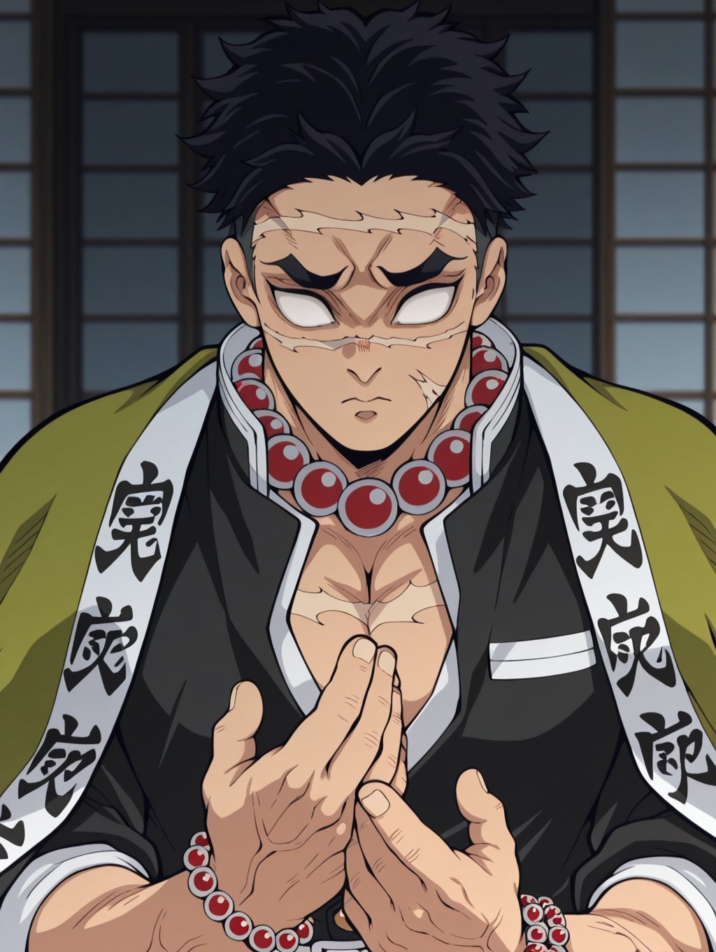 masterpiece, best quality, amazing quality, Gyomei Himejima, beads, 1boy, short hair, scar on face, white eyes, blank eyes, demon slayer uniform, upperbody, bara