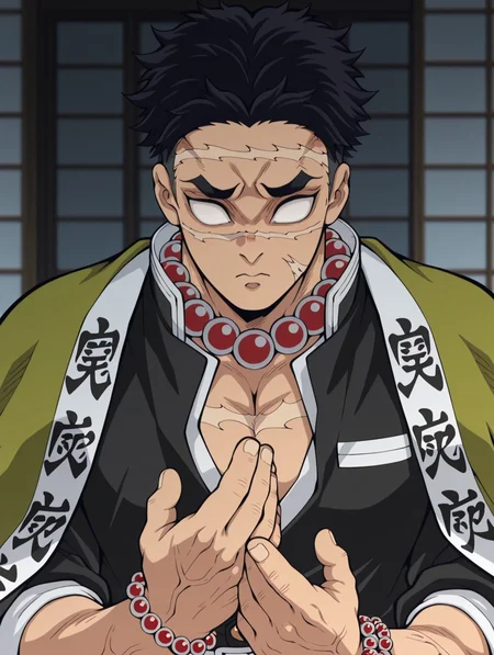 masterpiece, best quality, amazing quality, Gyomei Himejima, beads, 1boy, short hair, scar on face, white eyes, blank eyes, demon slayer uniform, upperbody, bara