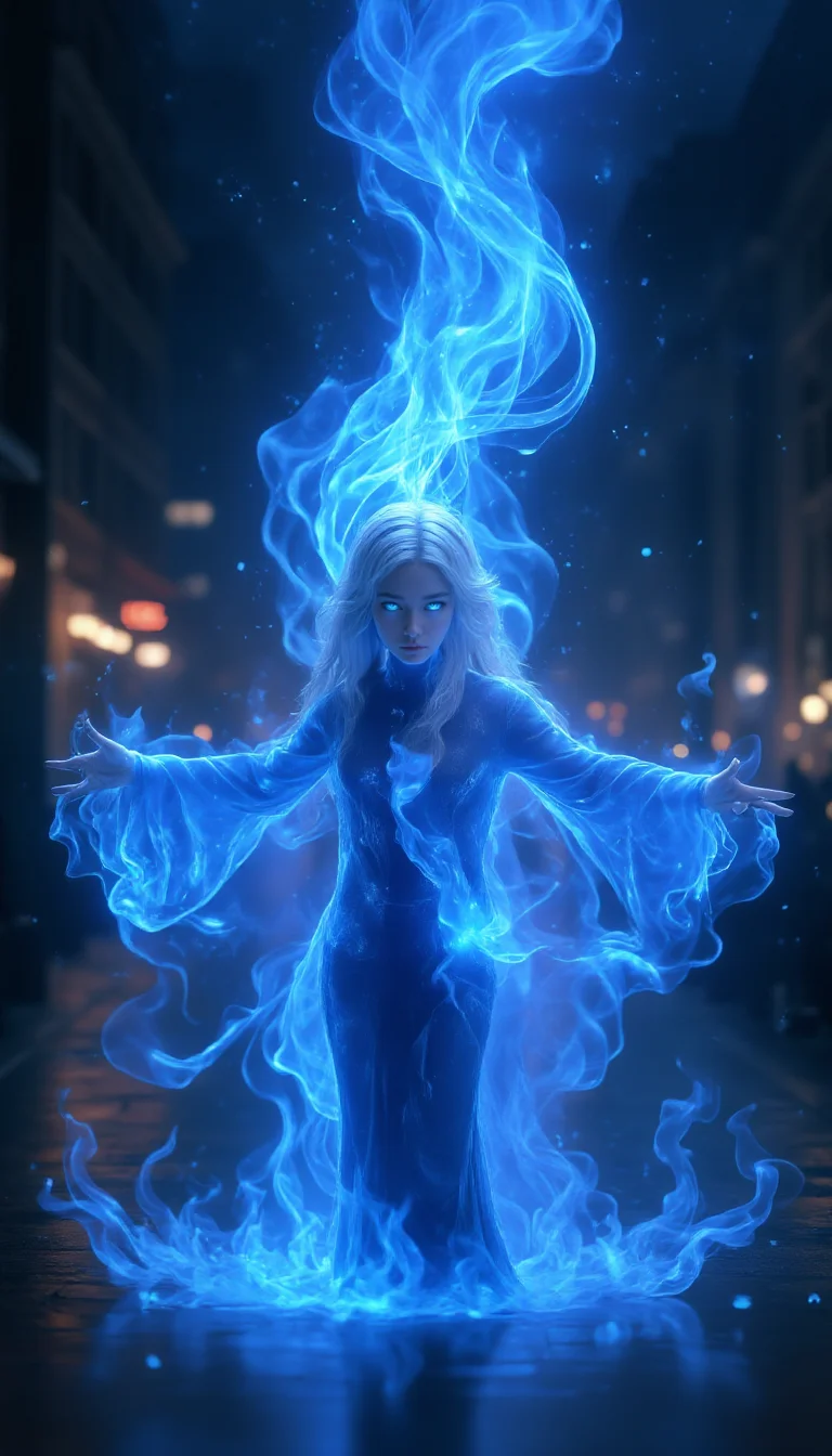 <lora:FL-bailing-24-0906Fire Spirit-000008:0.7>,bailing_fire,composed of fire elements,fire element,girl made of blue flames,Fire Skin,surrounded by blue flames.,
blue fire,blue flame,the person in the image is a young woman with long blonde hair and striking blue eyes.,
she is standing in a dark room with a cityscape blurred in the background. the woman is surrounded by a bright blue aura that seems to be emanating from her body.,
her arms are outstretched and she appears to be in the midst of a fire powerful display of energy,