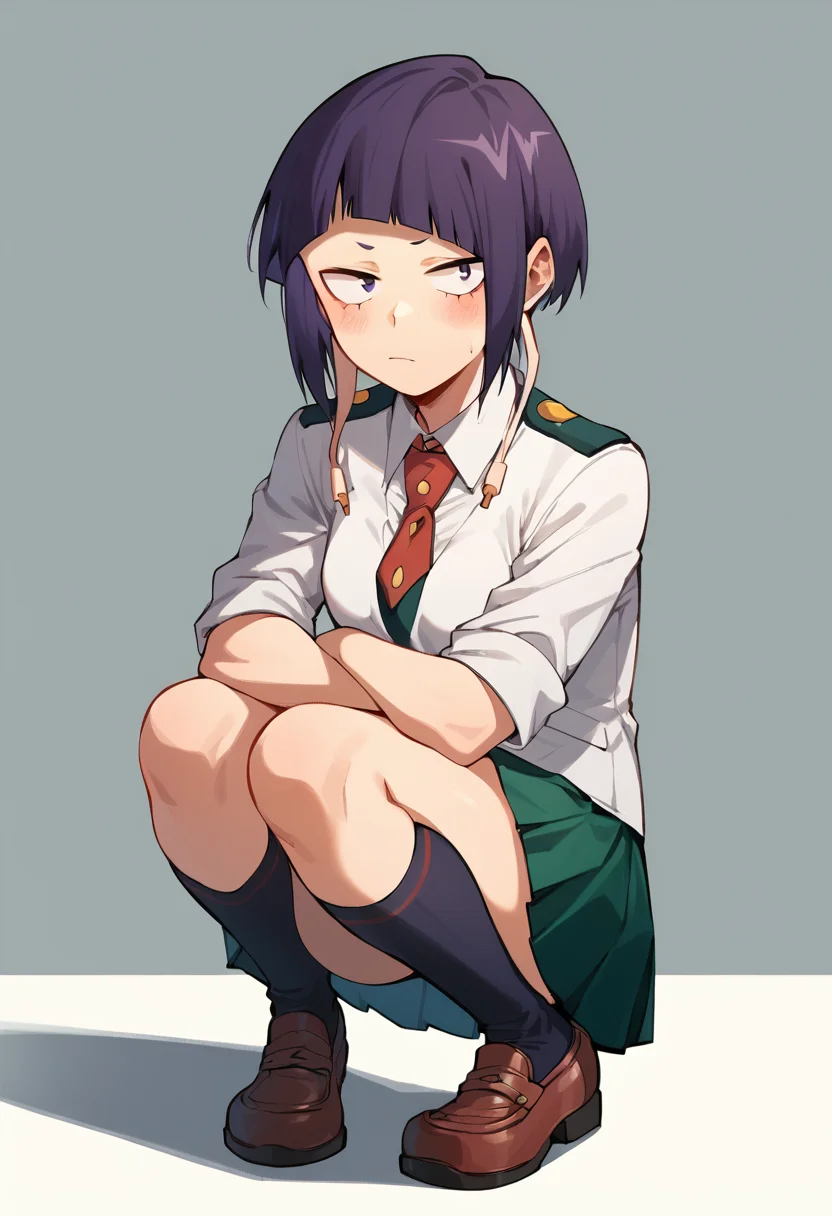 <lora:KyokaJirouPony-10:1>KyokaJirouPony, jirou kyouka, short hair, purple hair, blunt bangs, purple eyes, 1girl, solo, school uniform, jacket, pleated skirt, necktie, red necktie, green skirt, u.a. school uniform, Squatting, ready to jump,, score_9, score_8_up, score_7_up, score_6_up, score_5_up, score_4_up,
