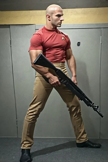 1boy, 20 year old male, Handsome, masculine, blonde, star trek, red shirt, muscle, tall, tight shirt, wide pectorals, big shoulders, wide shoulders, muscular neck, German, standing at attention, bald, big pale blue eyes, abs, biceps, serious facial expression, phaser rifle, hand, long bulge in his pants, ((((view from below)))),
1960 black dress pants, pants,
stunf, star trek uniform, uss enterprise ncc-1701 interior background, star trek, space ship interior, 1960s TV,