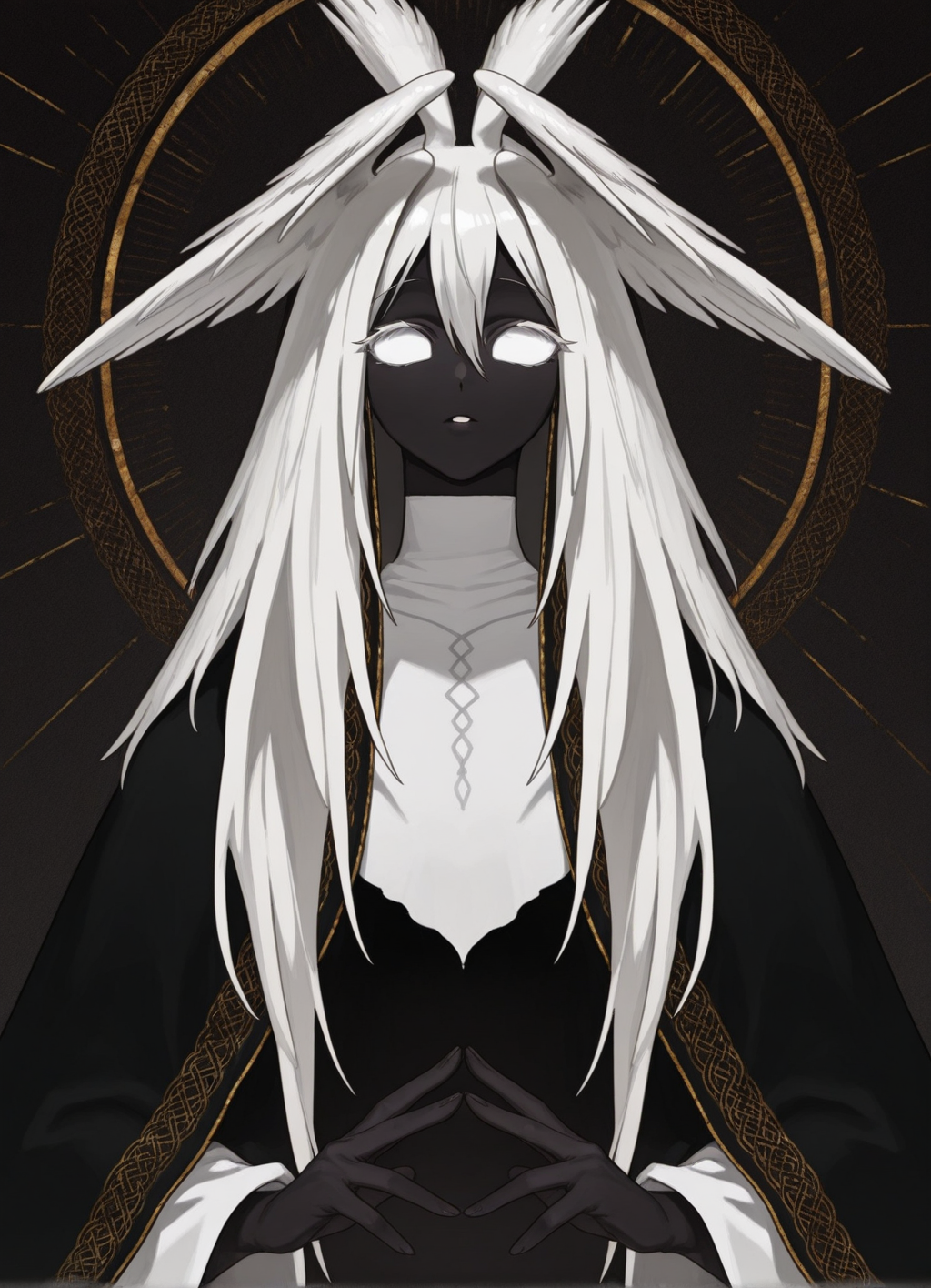 masterpiece, best quality,1girl, miria, white eyes, white hair, long hair, head wings, colored skin,extra arms,  <lora:Miria:1>
