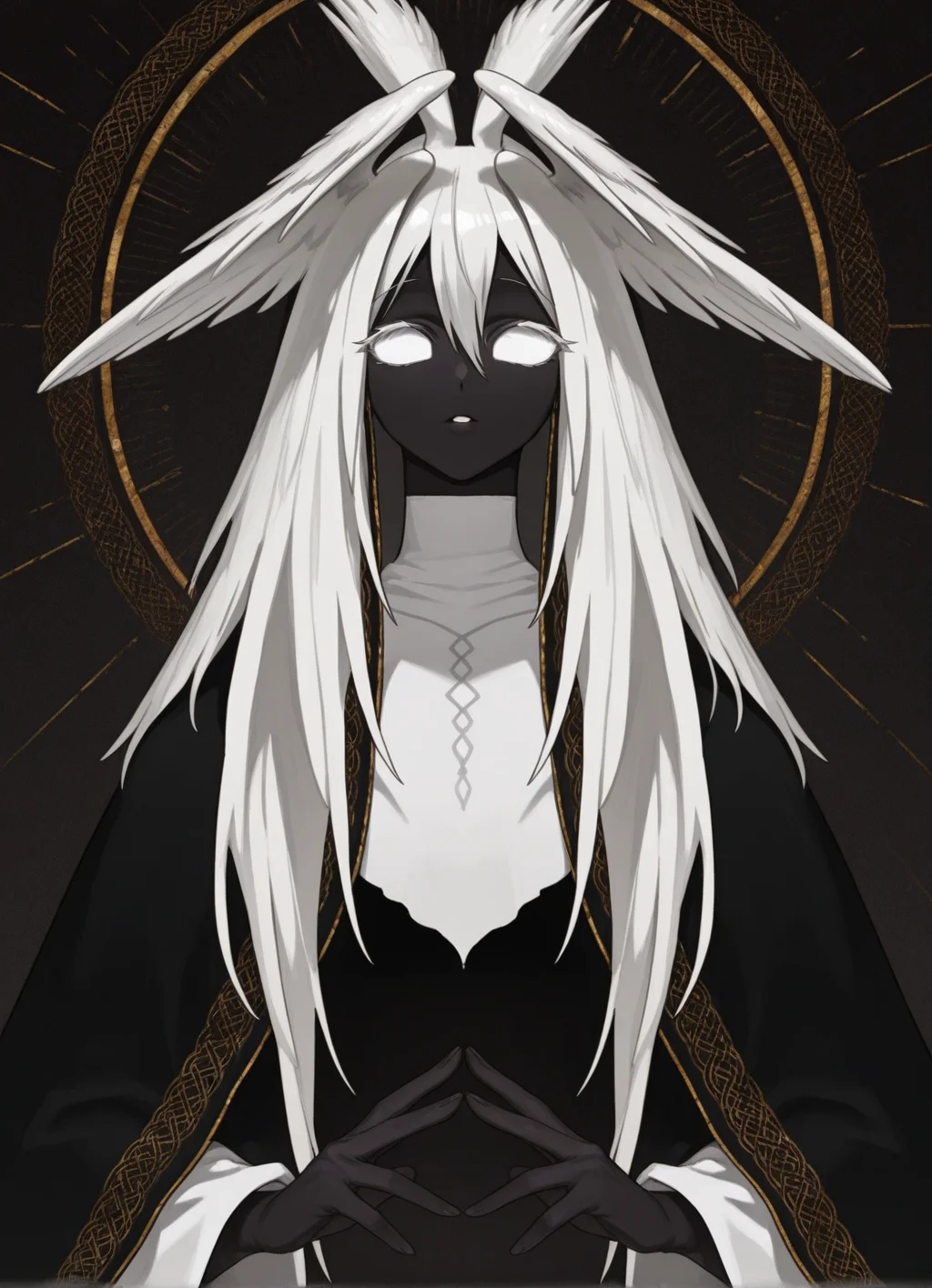 masterpiece, best quality,1girl, miria, white eyes, white hair, long hair, head wings, colored skin,extra arms, <lora:Miria:1>