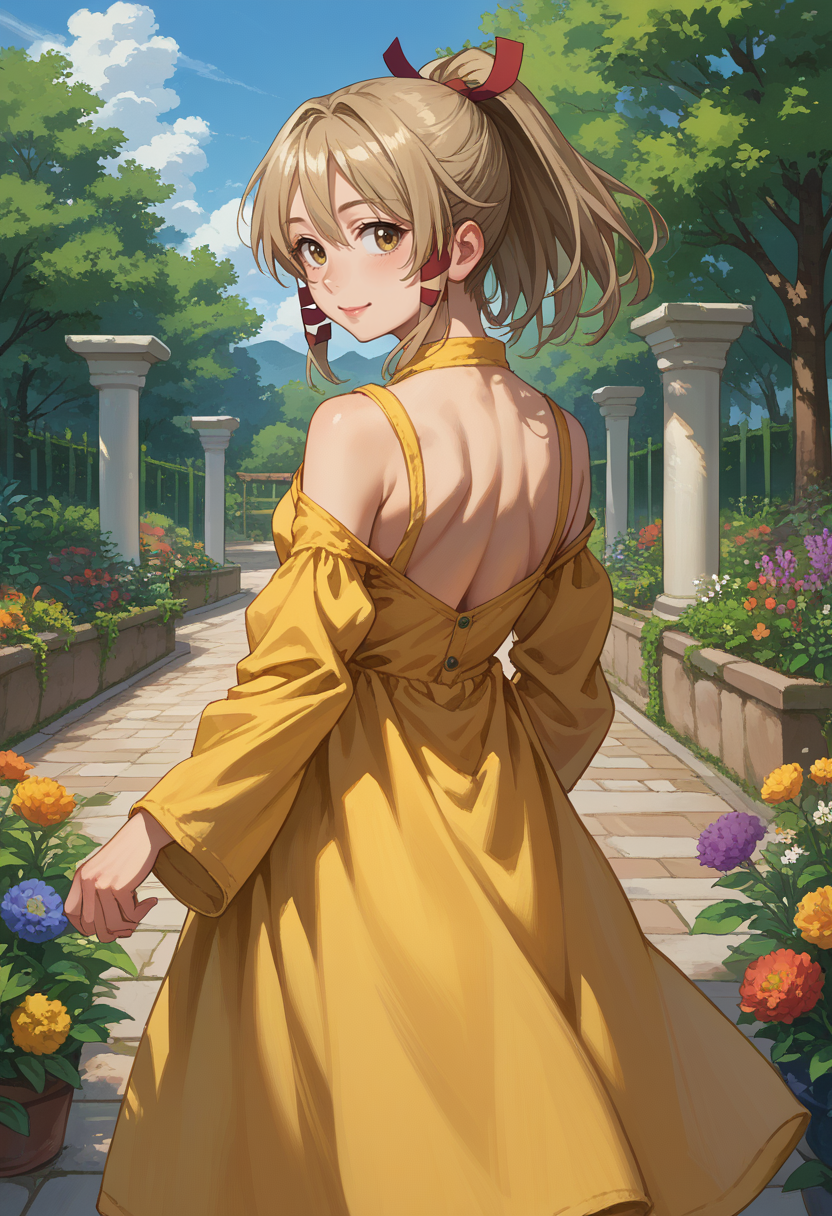 score_9, score_8_up, source_anime, 1girl, solo, Ukanomitama, long hair, high ponytail, hair ribbon, tress ribbon, yellow sundress, back, shoulder blades, from behind, looking back, outdoors, garden, smile, <lora:ChamUkaPonyXL:1>